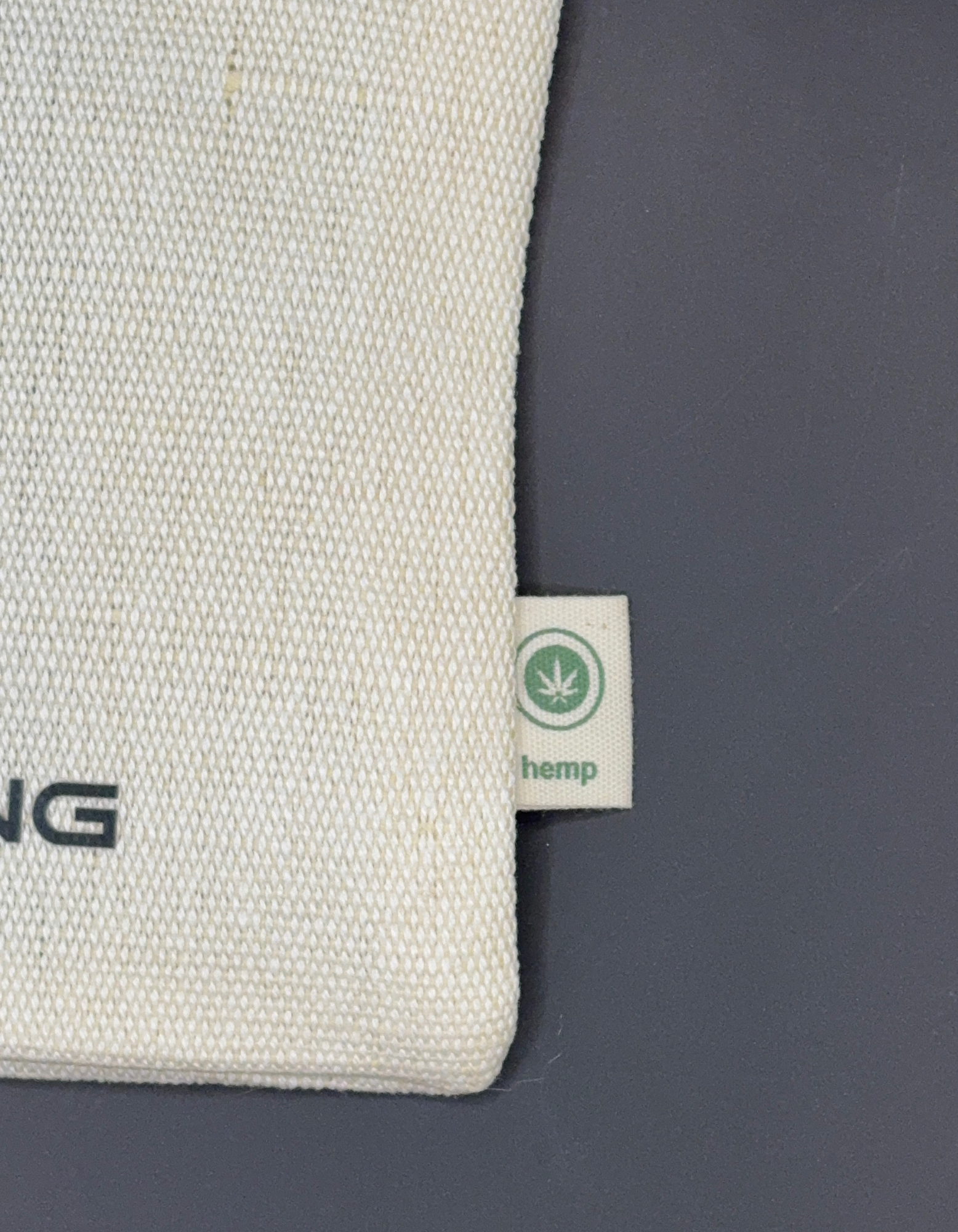 Hemp jump rope carry bag from Coming On Strong with the tag showing it is made of hemp.