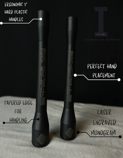 5 inch black jump rope handles from a Coming On Strong jump rope with descriptions. 