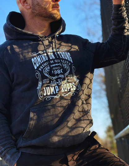 Distressed Coming On Strong hoodie with vintage print worn by Dan Bantell. 