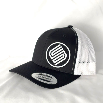 Black and white snapback Coming On Strong snapback hat on white background. 