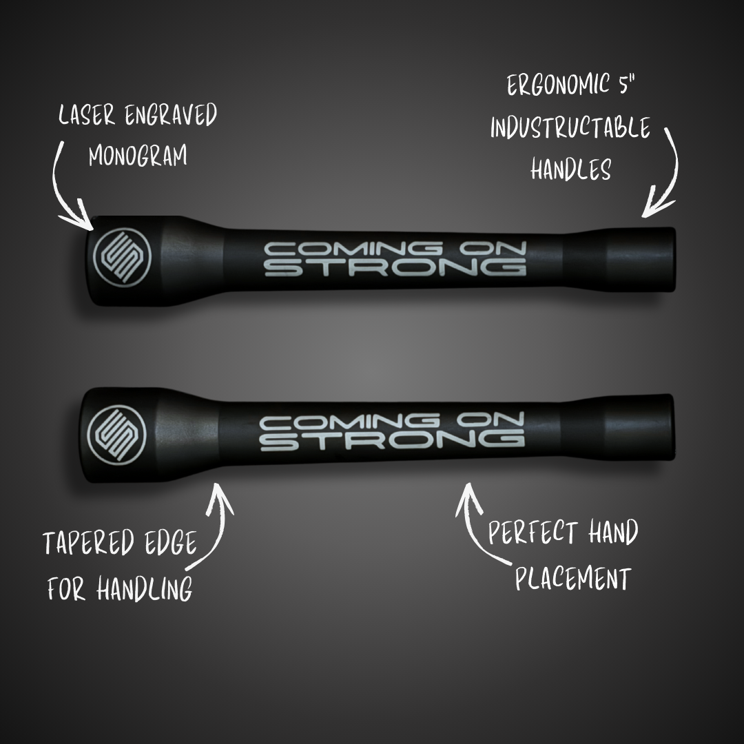  5 inch handles with descriptions on the silver jump rope from Coming On Strong and Dan Bantell.
The One, a Silver 5mm jump rope from Coming On Strong. 