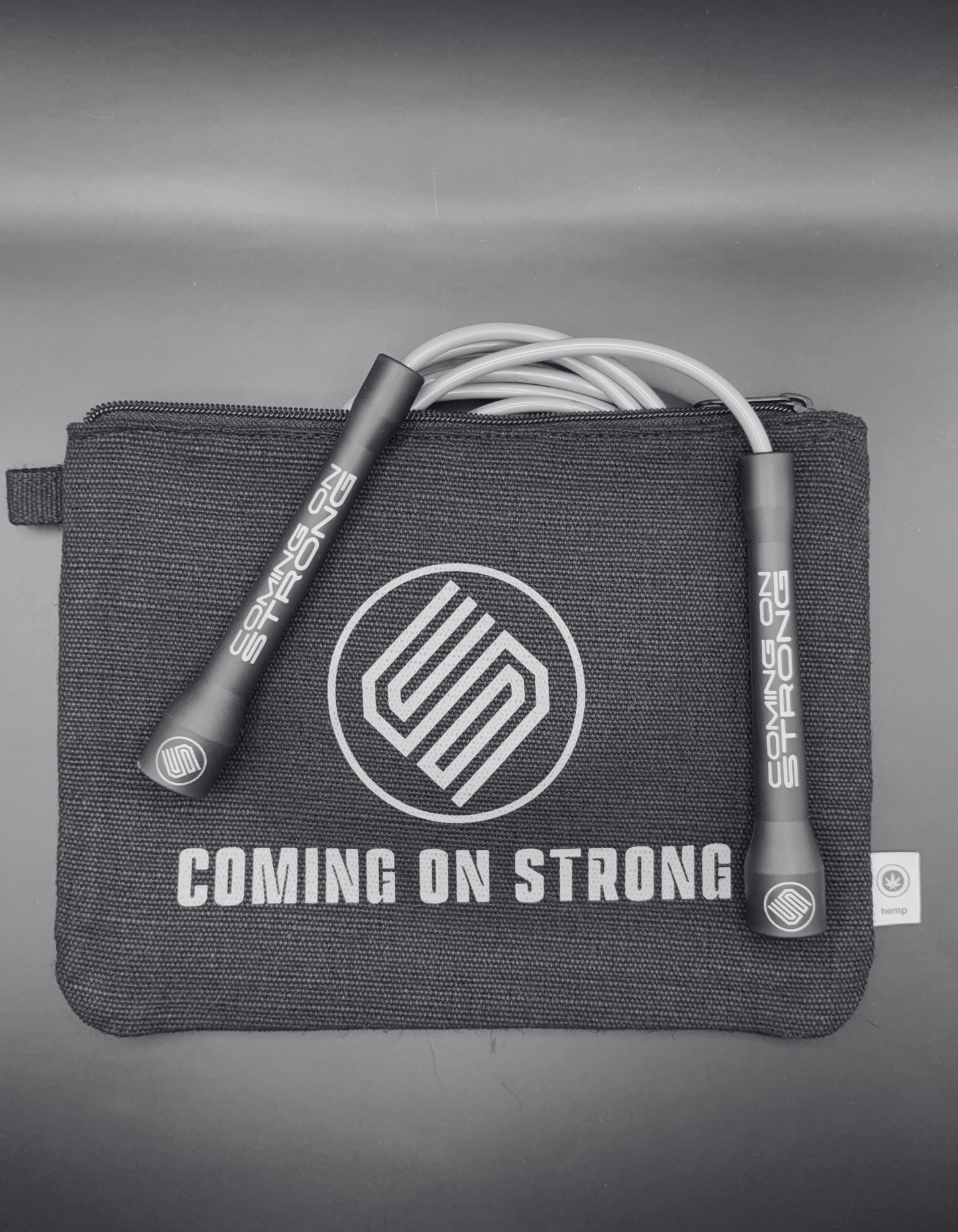 A silver jump rope and hemp carry bag available from Coming On Strong and Dan Bantell. 