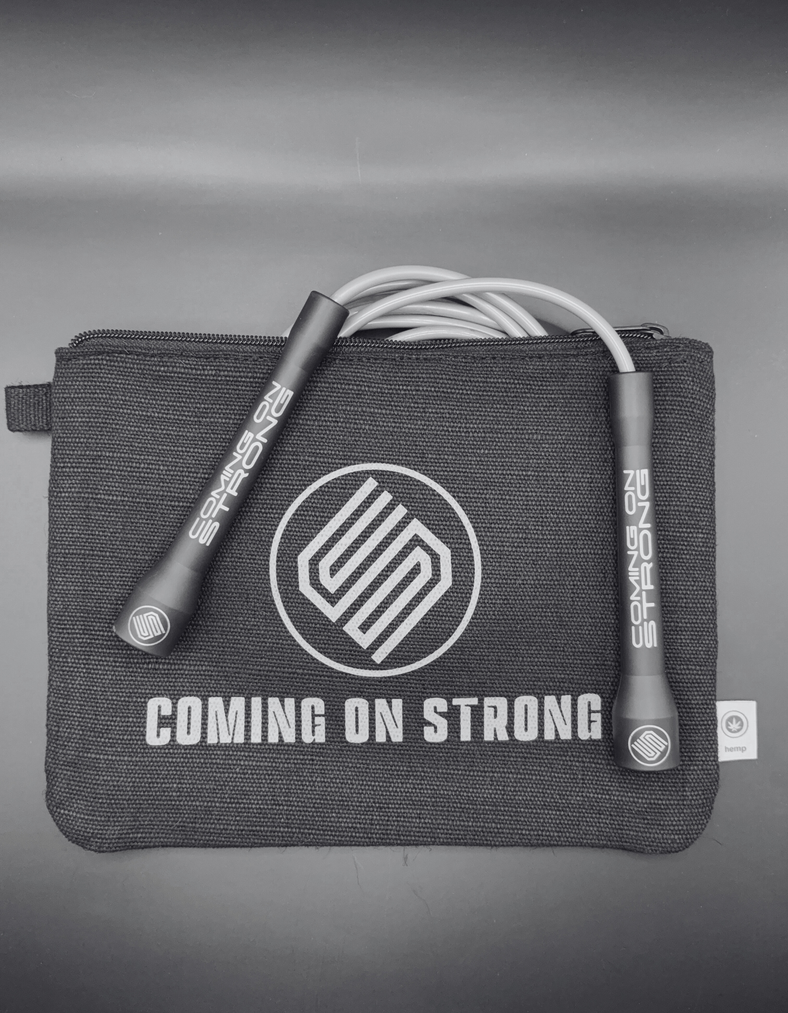 A silver jump rope and hemp carry bag available from Coming On Strong and Dan Bantell. 