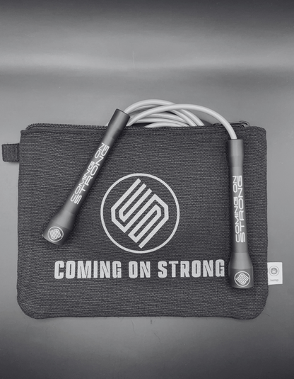 A silver jump rope and hemp carry bag available from Coming On Strong and Dan Bantell. 