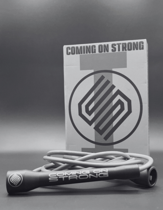 Silver jump rope with box available from Coming On Strong.